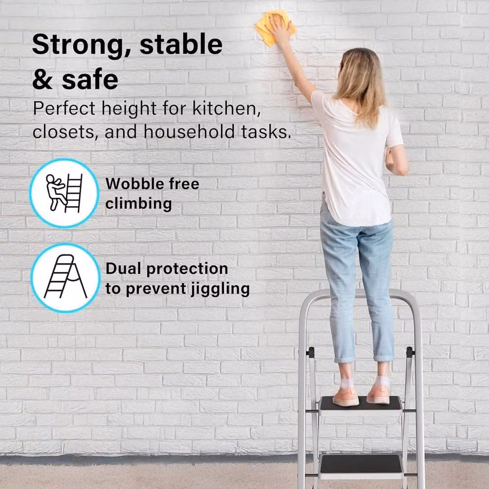 VOGREX Grey 2 Step Folding Steel Step Ladder with Non-Slip Rubber Feet – 2