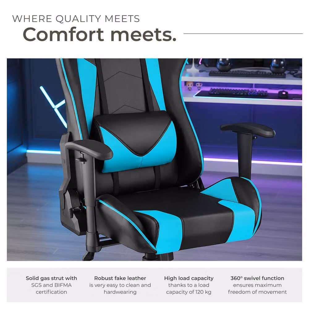 tectake Stealth Gaming Chair in Blue with Synthetic Leather and Adjustable Headrest – 8