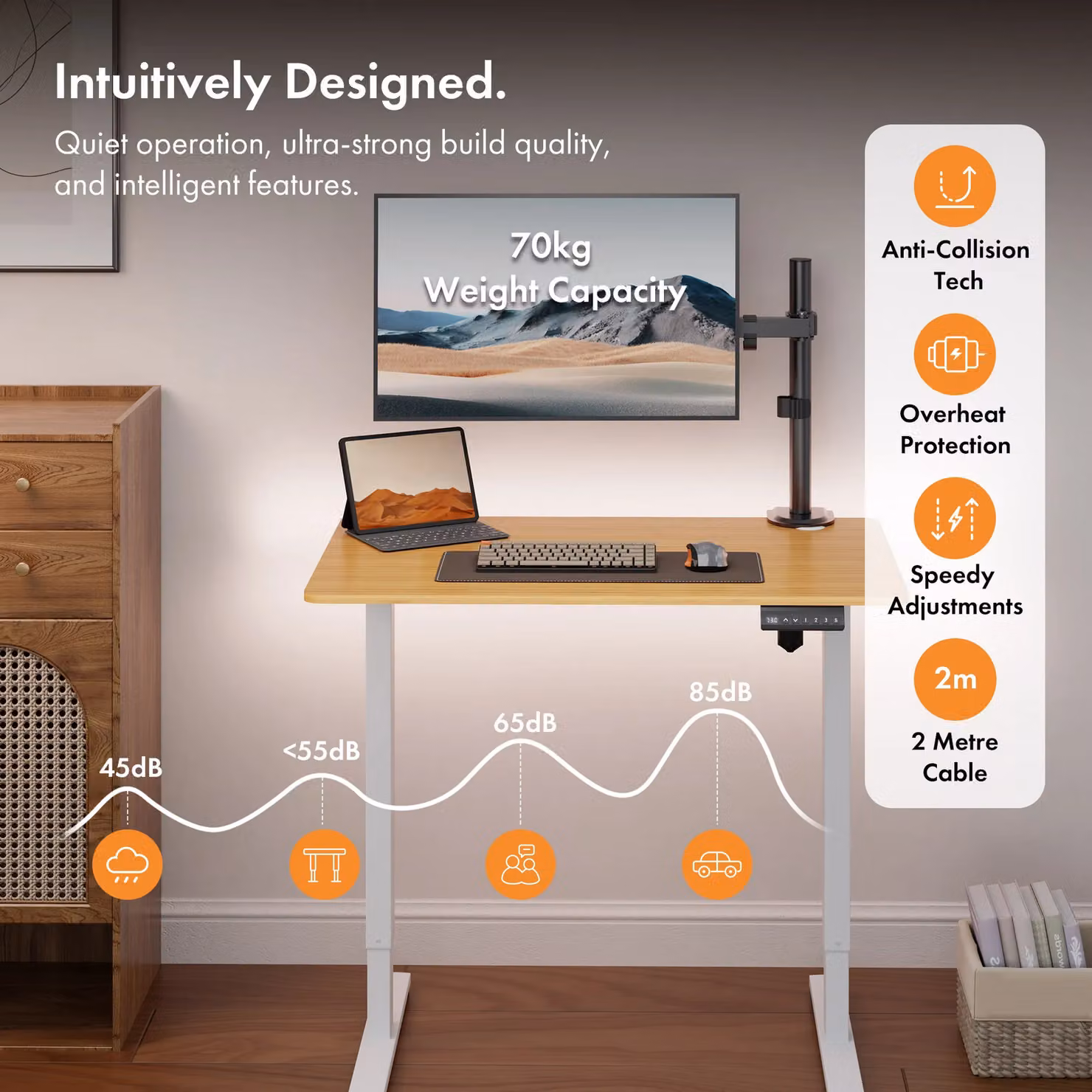 VonHaus Electric Height Adjustable Standing Desk in Brown with USB-C Charging, W/D/H: 118 x 60 x 72 cm to 118 x 60 x 100 cm – 4