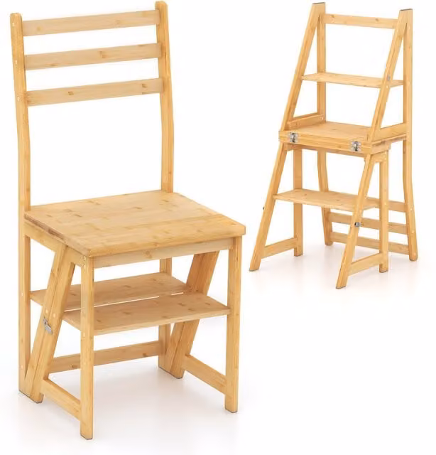 COSTWAY Convertible Step Stool and Chair with Safety Locks for Adults in Brown Bamboo Wood