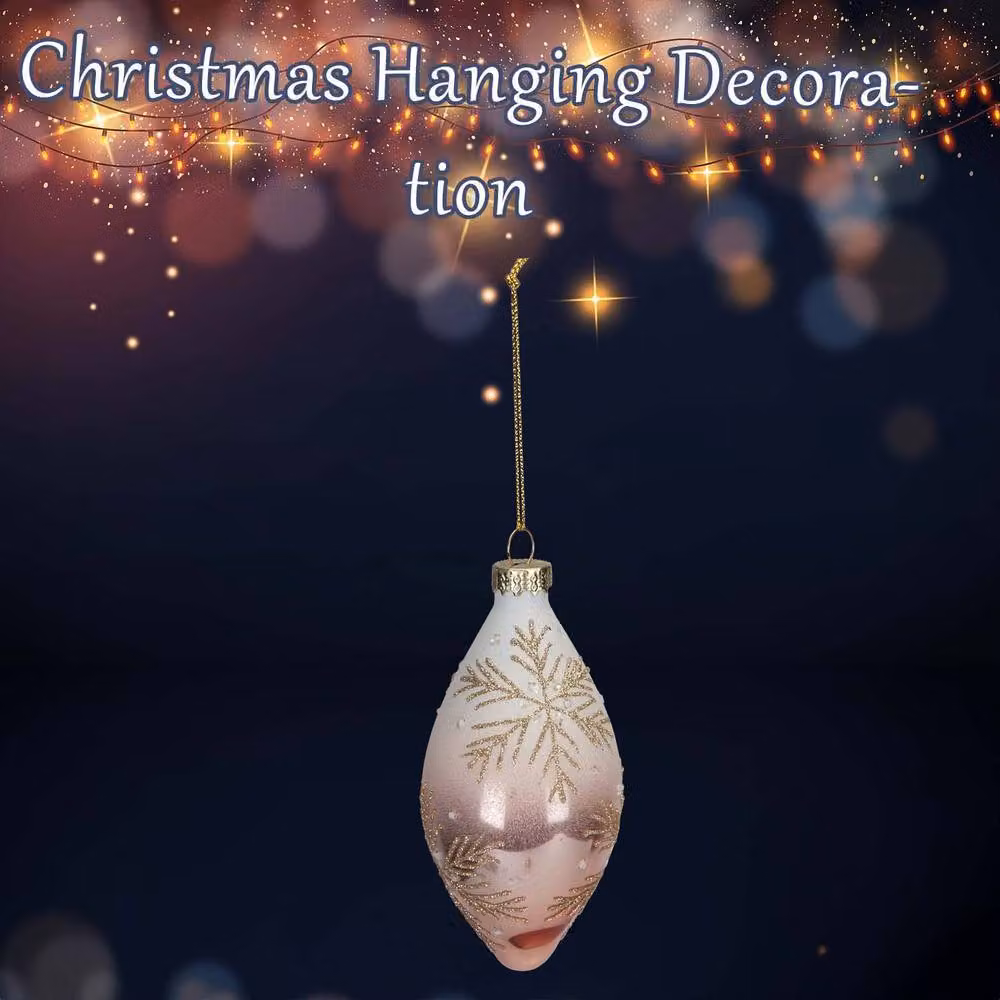 VFM e-Store Oval Glass Christmas Hanging Bauble Pendant in Beige, White and Gold with Snowflake Detail, H: 14 cm, W: 7 cm – 2