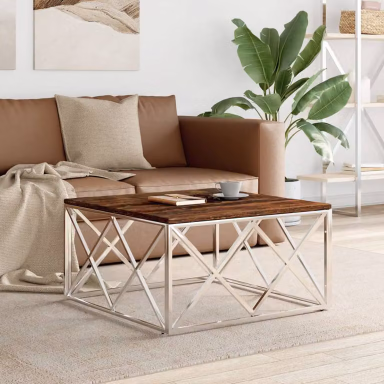 Berkfield Home Decorative Coffee Table in Silver with Stainless Steel and Reclaimed Solid Wood, W/D/H: 80 x 40 x 80 cm