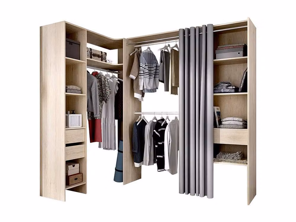 Vente-unique Extendable Corner Wardrobe in Light Oak and Grey with Roll Shutter and Integrated Drawers, H 205 x W 164-214 x D 141 cm – 2