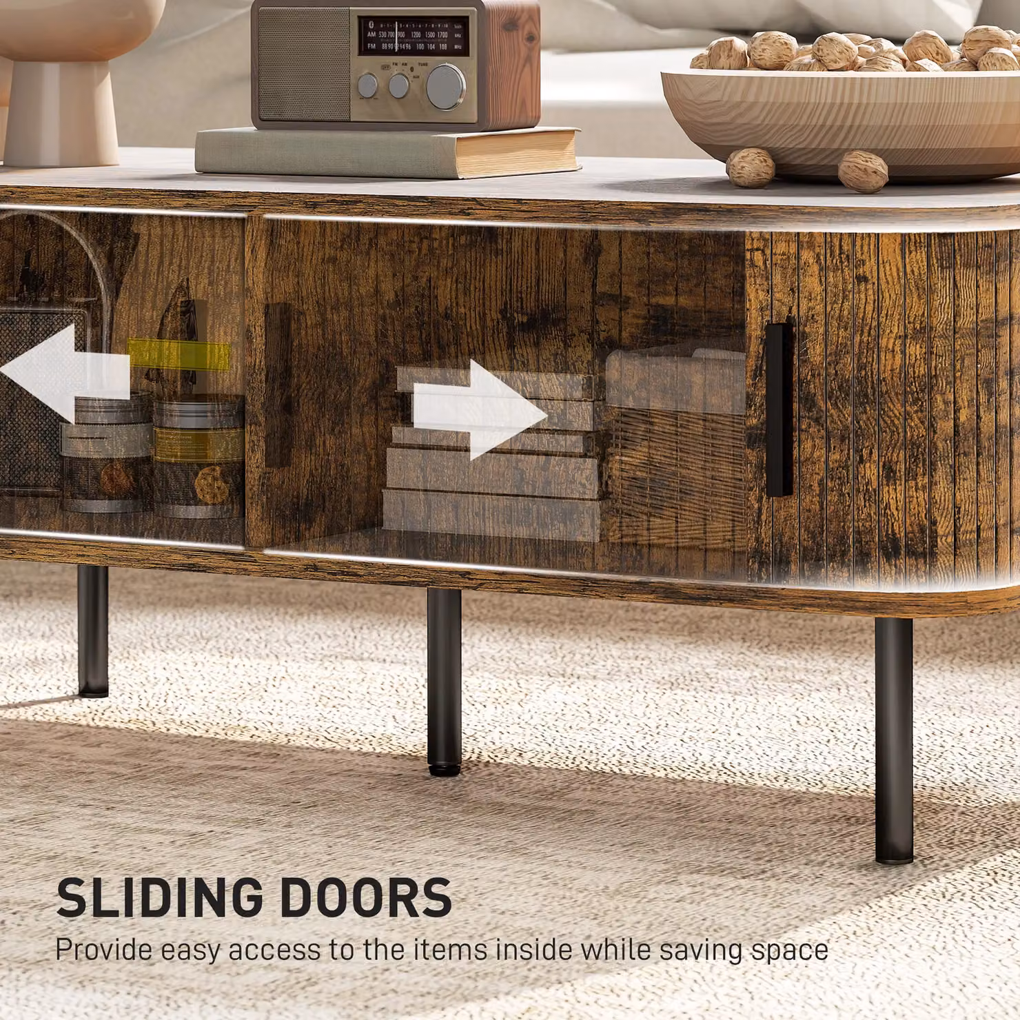 HOMCOM Mid-Century Rectangular Coffee Table with Storage and Sliding Doors in Brown – 5