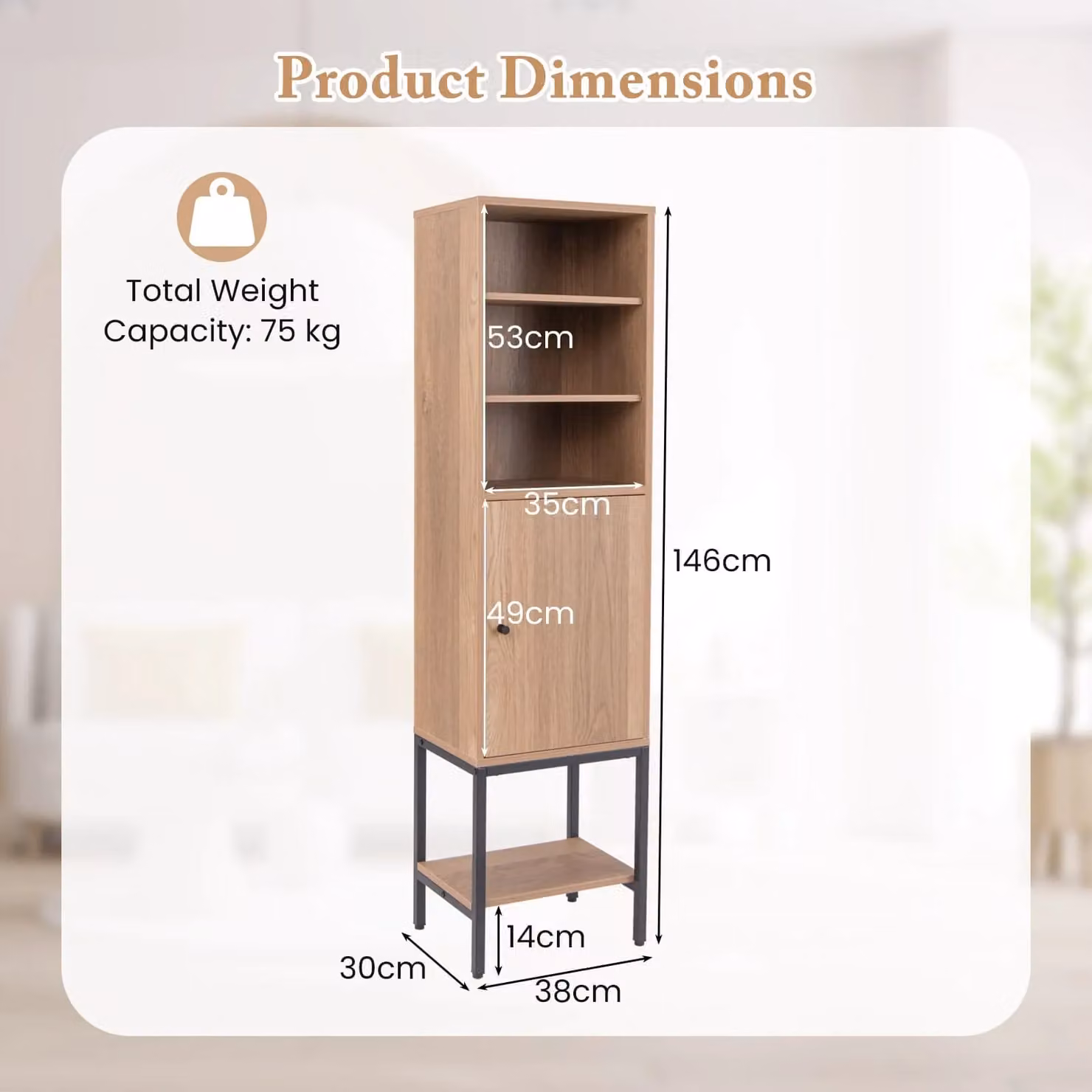 Gymax Tall Freestanding Storage Cabinet in Beige and Brown with Hinged Doors and Internal Shelves, W: 30.0 cm, D: 38.0 cm, H: 146.0 cm – 2