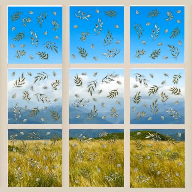 WALPLUS Spring Floral Window Clings with Multicoloured Green Leaves