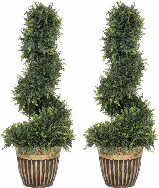 HOMCOM Set of 2 Green Artificial Topiary Spiral Boxwood Cypress Trees with Pots, Height: 90 cm – 1