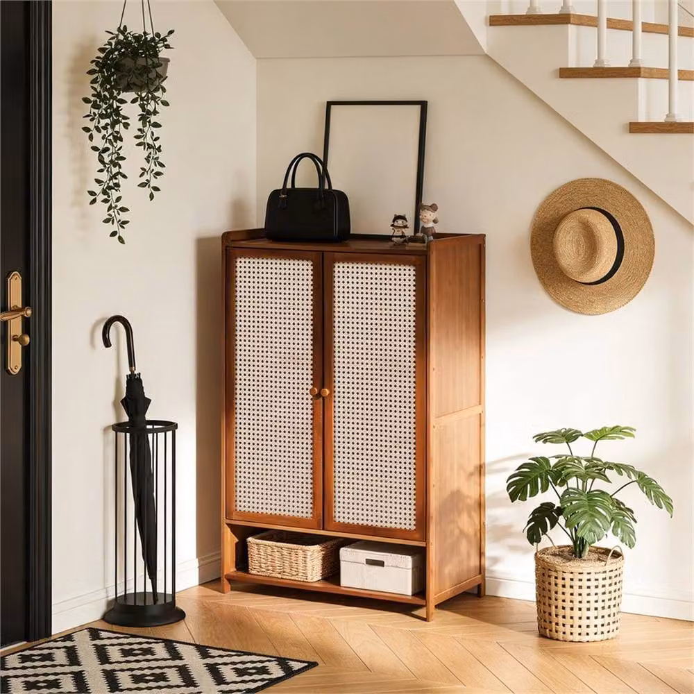 PAWNORA Brown Bamboo Shoe Cabinet with Hinged Doors and Open Shelving – 6