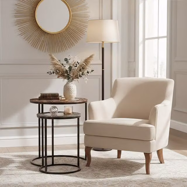 Orsina Set of 2 Round Nesting Tables with Glass Tops in Black and Gold – 1