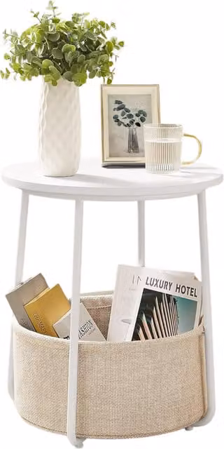 Furnold Modern Round Side Table with Removable and Washable Storage Basket in Beige and White, W/D/H: 45 x 45 x 50 cm
