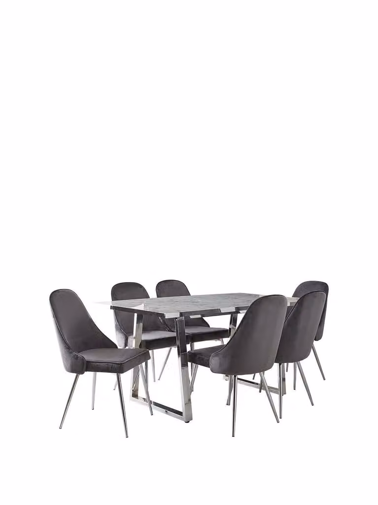 Ivy Marble Effect Rectangle Dining Table and 6 Chairs in Grey and Chrome