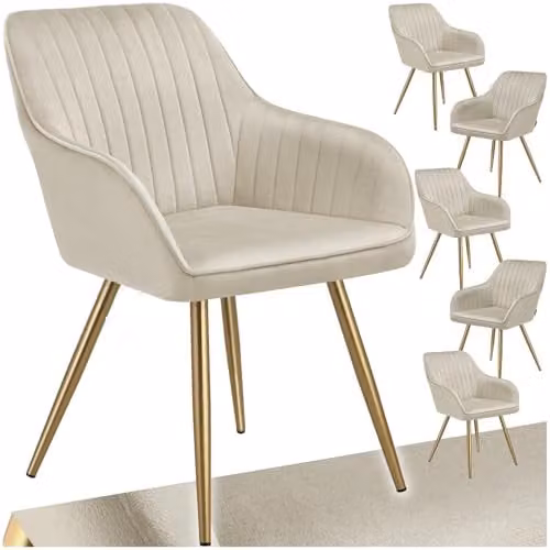 tectake Marilyn Set of 6 Modern Dining Chairs with Velvet Fabric and Gold Metal Legs in Cream/Gold