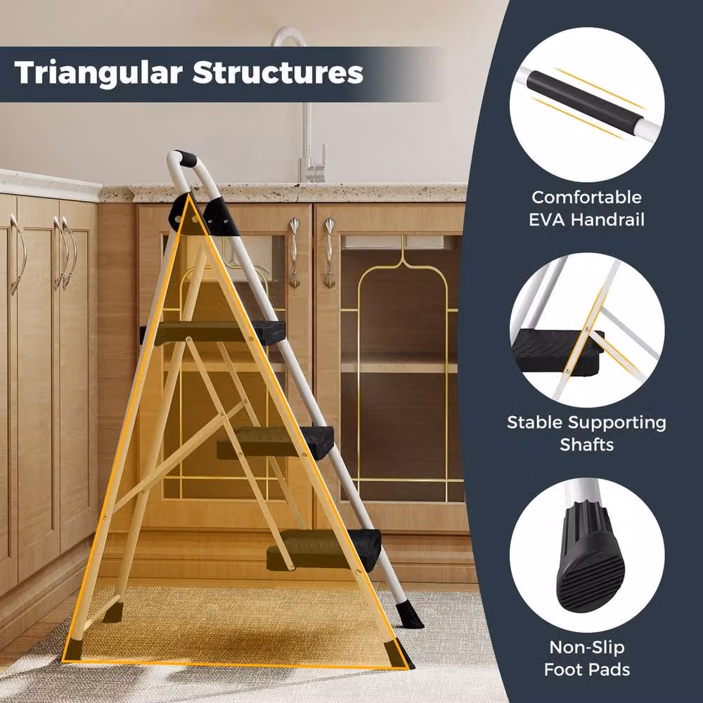 VOGREX 3-Step Folding Step Ladder with Handrail and Rubber Feet, Black – 3
