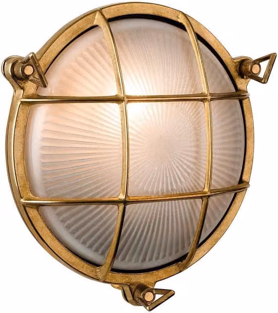 Netlighting Nautic Outdoor Bulkhead Wall Flush Light in Gold and Brass with Frosted Glass, IP64, E27