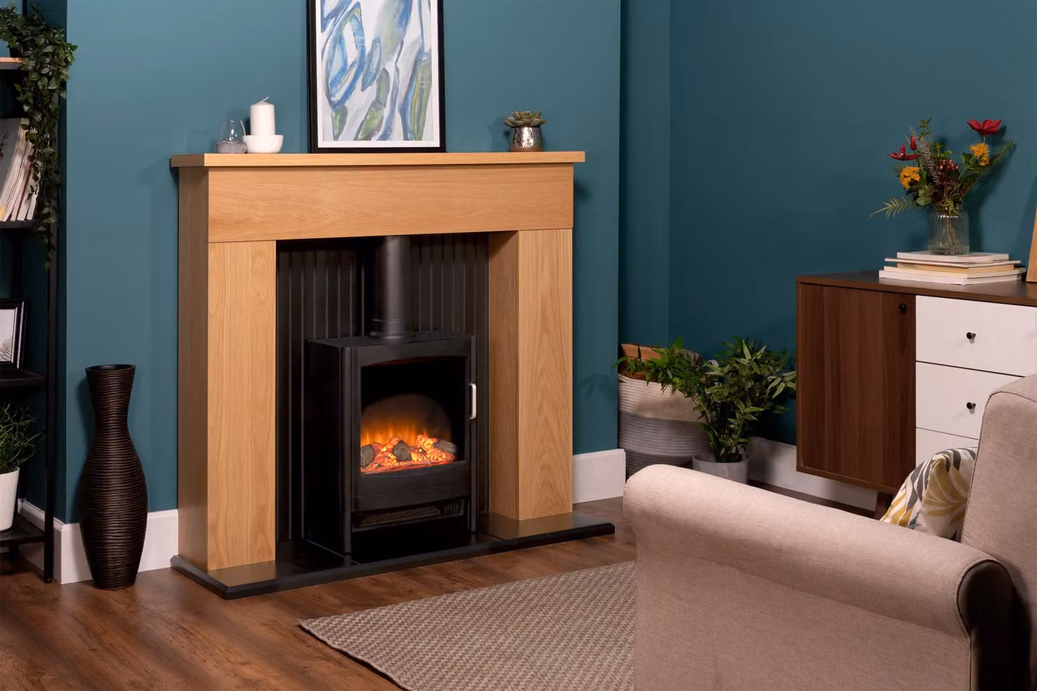 Adam Fires & Fireplaces Innsbruck Stove Fireplace in Oak with Keston Electric Stove, Black, Width: 114.3 cm – 2