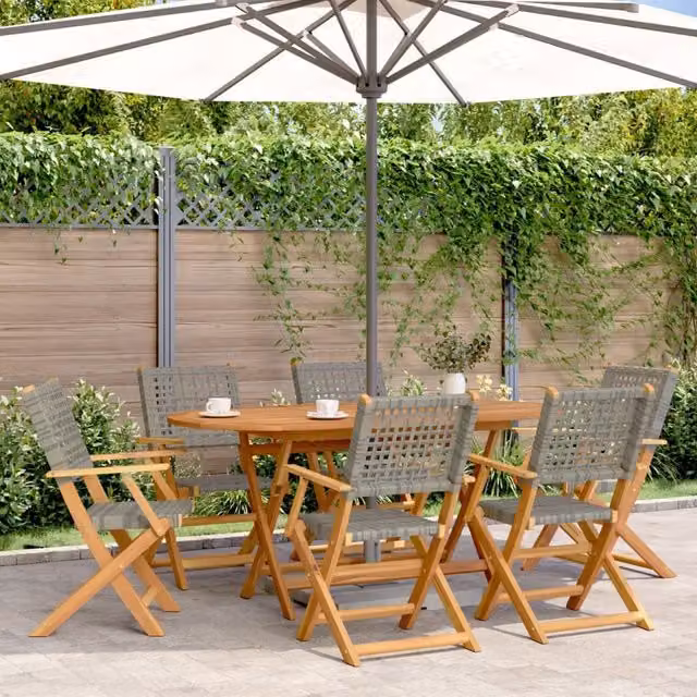 Berkfield Home Set of 6 Grey Poly Rattan and Acacia Wood Folding Garden Chairs – 1