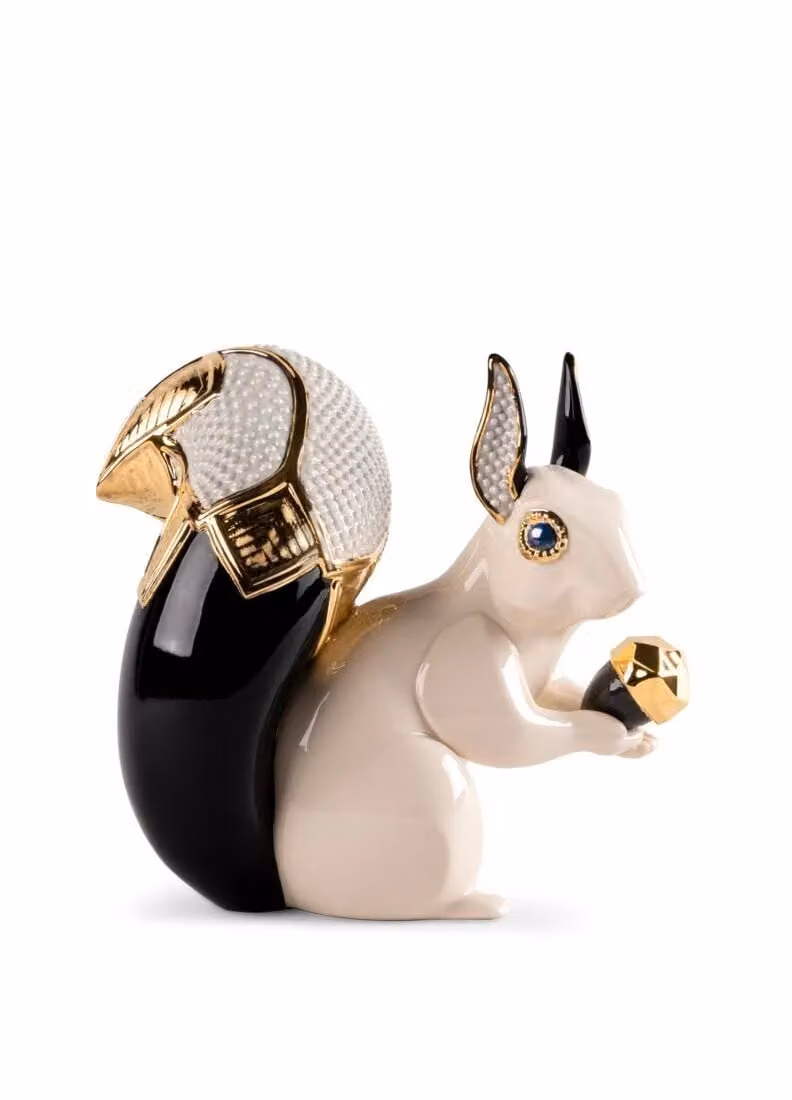 Lladró Squirrel Jewel Sculpture in White and Gold Porcelain and Metal