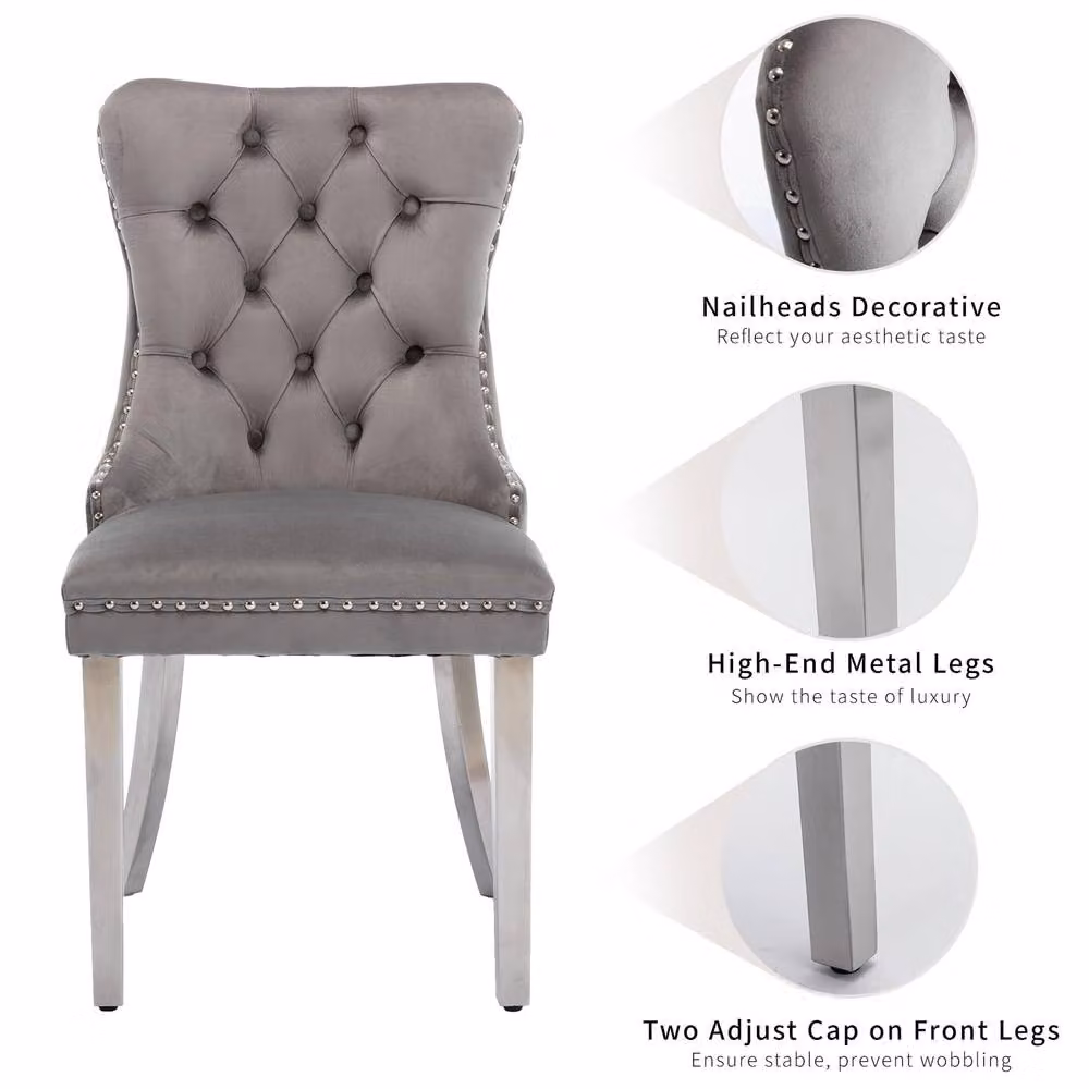 HomeTouch Winchester Set of 6 Grey Velvet Upholstered Kitchen Dining Chairs with Silver Chrome Legs – 4