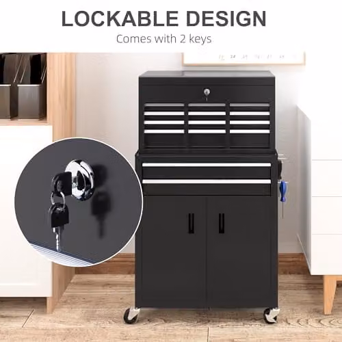 HOMCOM Metal Tool Chest and Roller Cabinet Combo with 6 Drawers, Black, W: 61.6 cm, D: 33.0 cm, H: 108.0 cm – 7