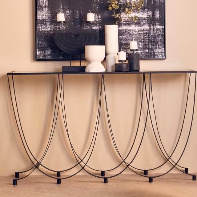 Orsina Modern Console Table with Black Glossy Glass Top, W/D/H: 140 x 35 x 82 cm