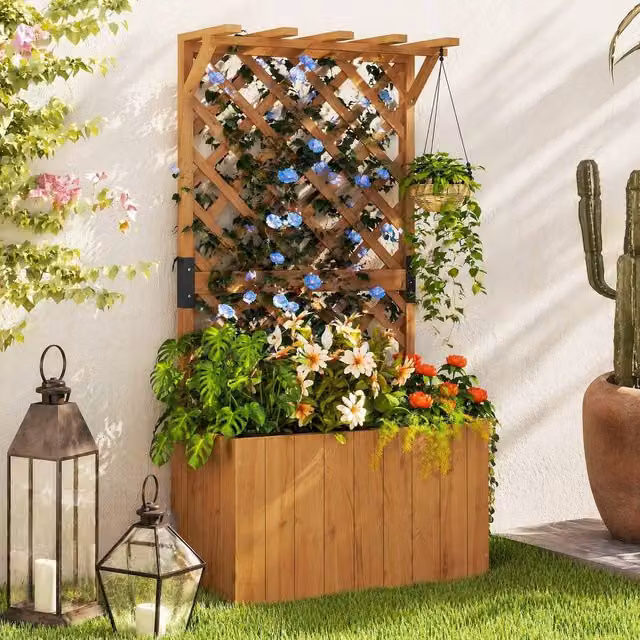 STILVORA Wooden Raised Planter with Trellis and Hanging Roof in Brown and Beige, W/D/H: 122 x 64 x 33 cm