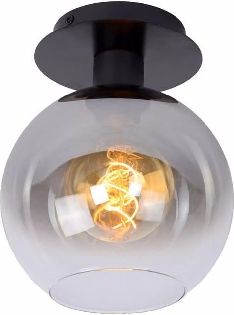 Lucide Marius Dimmable Retro LED Flush Ceiling Light, Black with Transparent Glass Sphere, E27