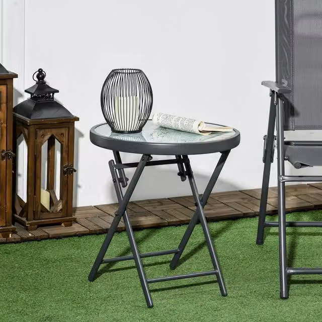 OUTSUNNY Round Folding Side Table with White Imitation Marble Glass Top – 1