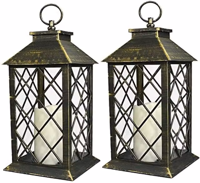 Bright Zeal Set of 2 Black and Gold Decorative Pillar Candle Lanterns with Timer and Flicker Effect, Height: 34 cm – 1