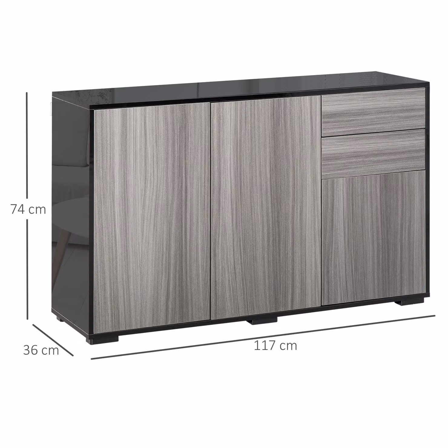HOMCOM High Gloss Modern Sideboard with 2 Push-Open Drawers in Light Grey and Black – 3