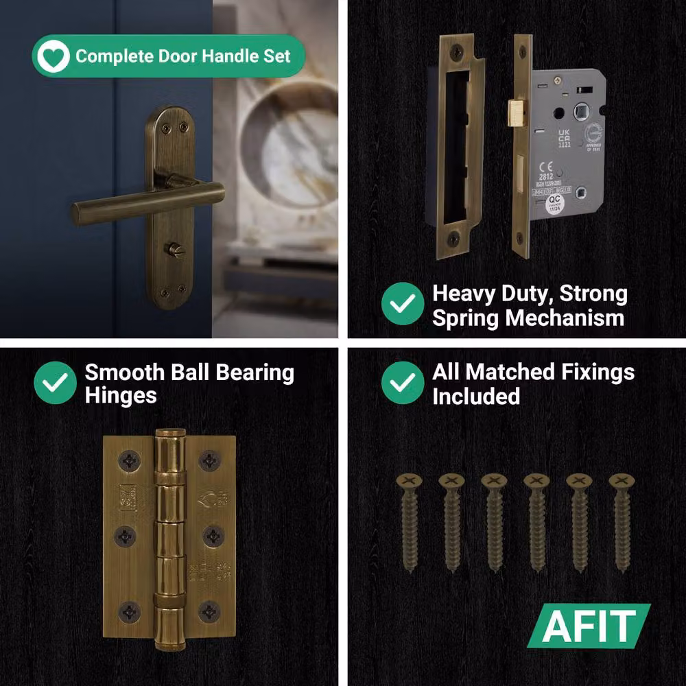 AFIT T-Bar Antique Brass Bathroom Backplate Lock and 64mm Hinge Set in Bronze – 4