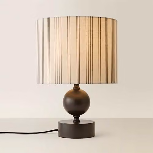 ValueLights Anthony Candlestick Table Lamp with Beige Linen Stripe Shade and Black Metal Base, H: 37.0 cm, W: 26.0 cm, D: 26.0 cm – 1