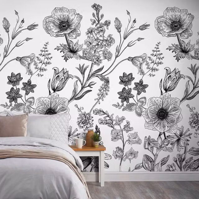 Grandeco Floral Botanical Flower Outline Textured Wallpaper Mural in White and Black
