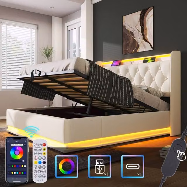 BTM White Upholstered King Size Ottoman Storage Bed with 360 Surround LED Lighting and USB Charging Port, W/D/H: 180 x 200 x 48 cm