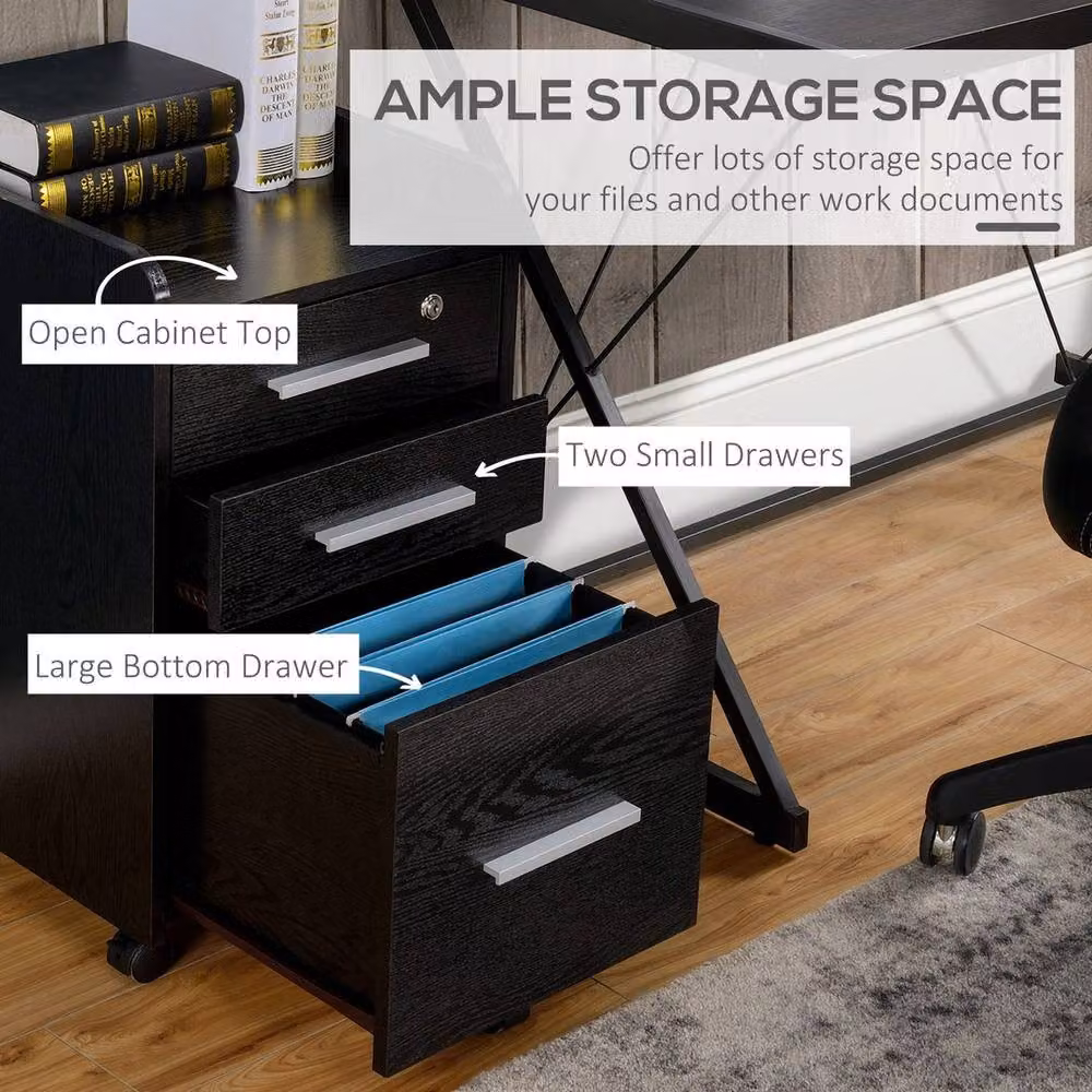 KORVIXA Black 3 Drawer Mobile Filing Cabinet with Lock and Castors – 4