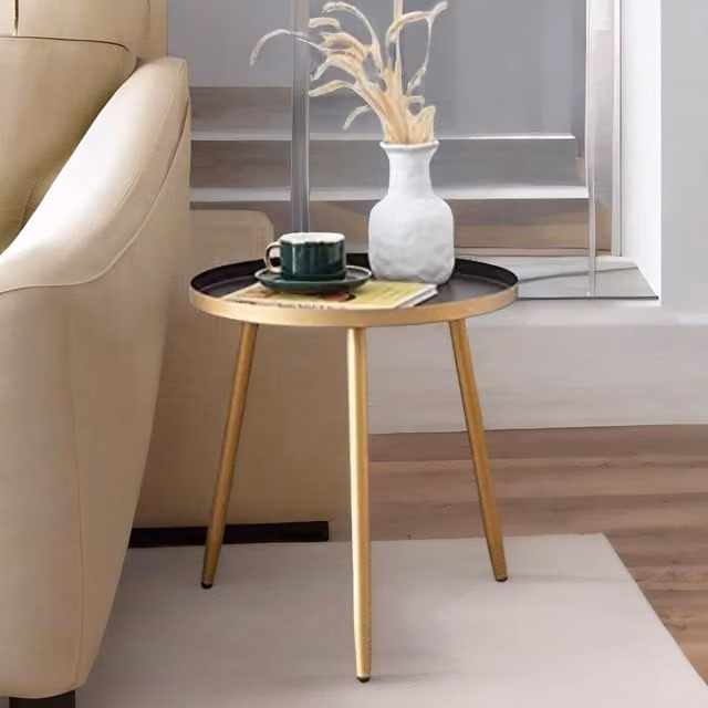 FURNOS Small Round Metal Side Coffee Table in Gold and Black
