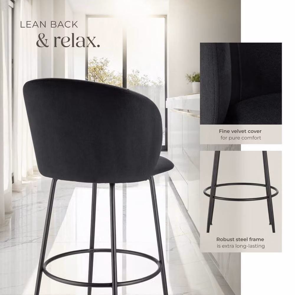 tectake Luana Bar Stool Set of 6 in Black Velvet and Metal – 4