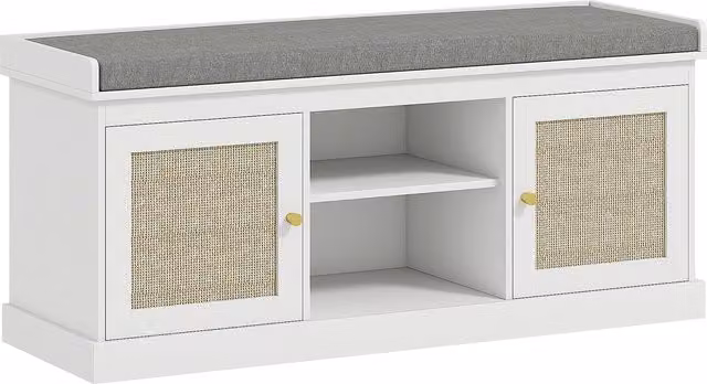HOMCOM Boho Shoe Storage Bench with Padded Cushion and Rattan Doors in White and Gold, W/D/H: 105 x 47 x 148 cm
