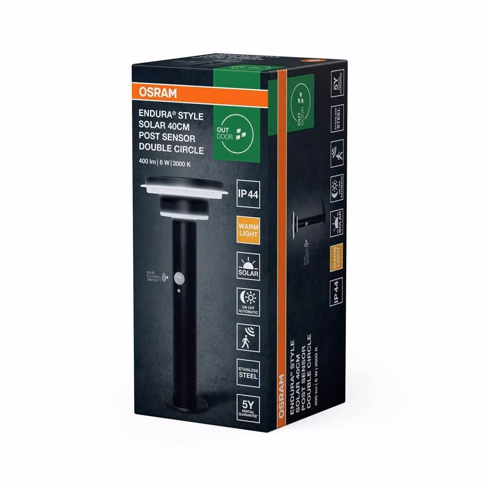 Osram Endura Style Solar LED Outdoor Light in Black and Stainless Steel with Motion and Dusk Sensors, 6W, 400lm, IP44 – 4