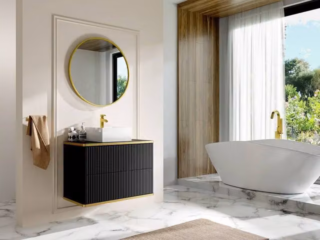 Vente-unique Wall-Mounted Ribbed Vanity Unit with Gold Edging, Black, W: 80 cm – 1