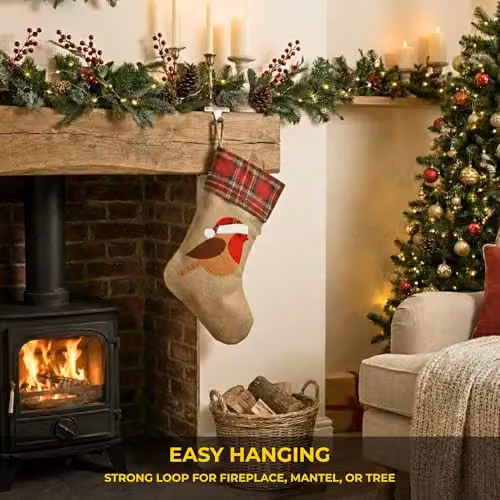 Shatchi Large Brown Robin Christmas Stocking with Classic Printed Design, 45 cm Hanging Burlap Linen Sack – 6