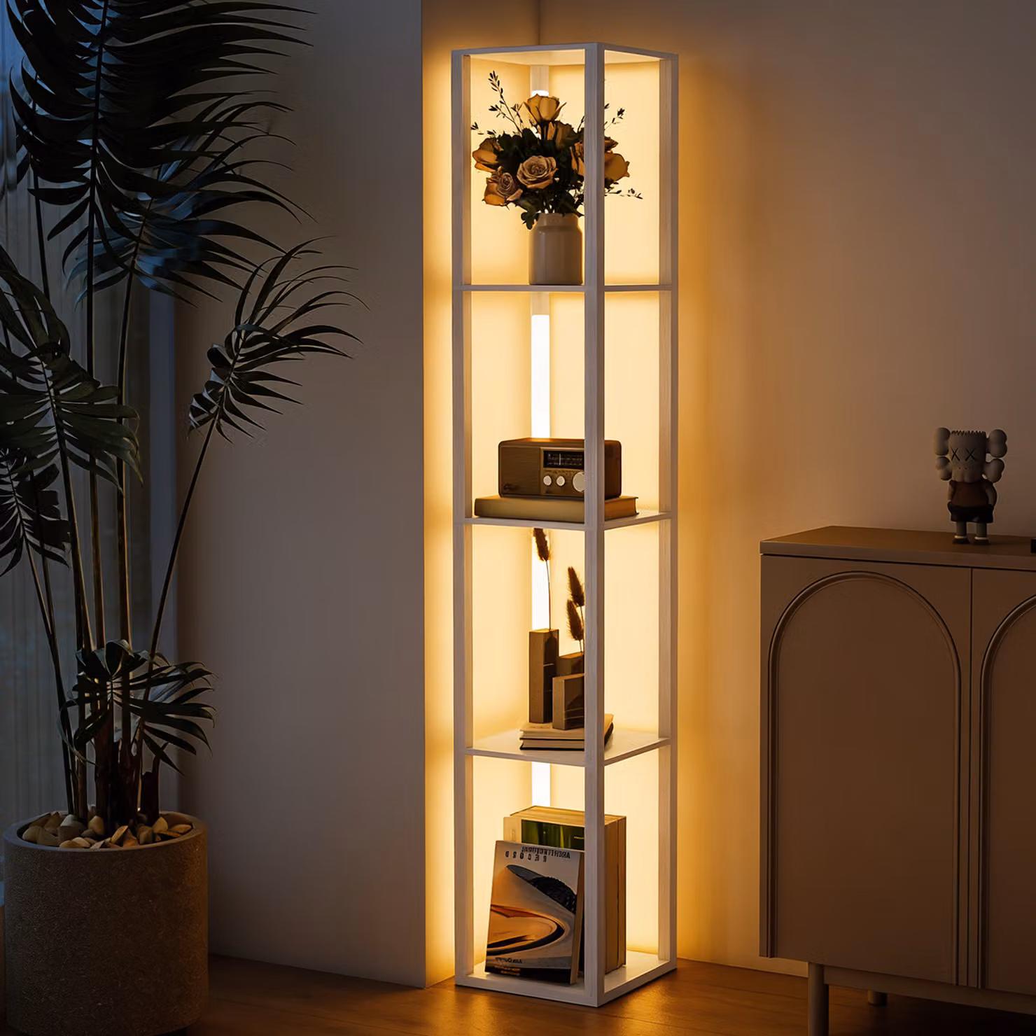 HOMCOM Modern White LED Floor Lamp with Shelves and Warm White Light – 1