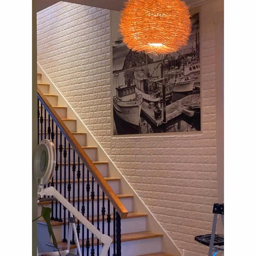 NESTLUNE White 3D Tile Brick Wall Sticker, Self-Adhesive Waterproof Geometric Design, W/H: 100 x 60 cm – 3
