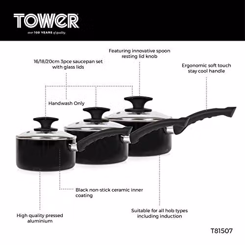 Tower T81507 Essentials 3 Piece Induction Saucepan Set with Lids, Ceramic Non-Stick Coating, Black – 2