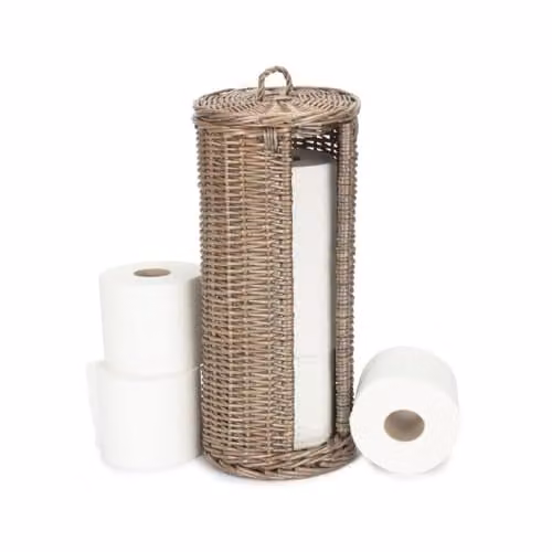 Red Hamper Open Round Rattan Toilet Roll Holder with Spare Roll Holder in Red and Brown