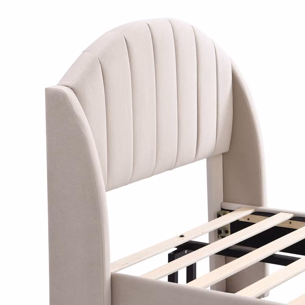 Rolipo Beige Velvet Single Bed Frame with Upholstered Headboard, W/D/H: 90 x 190 cm