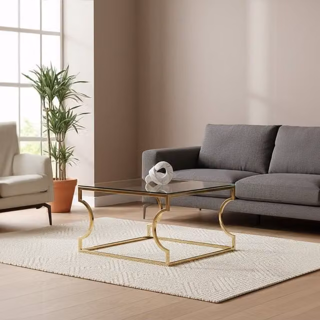 Orsina Allure Modern Rectangular Coffee Table with Transparent Tempered Glass and Gold Metal Curved Frame