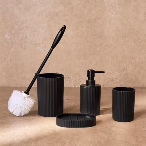 OHS 4 Piece Ribbed Bathroom Accessories Set in Black with Soap Dispenser, Toothbrush Holder, Toilet Brush and Tray – 1