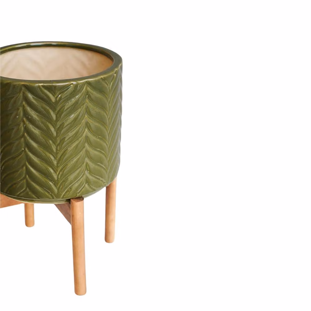Lemon Pavilion Furniture and Decor Aspen Chevron Ceramic and Wood Planter, Green, W: 22 cm, D: 22 cm, H: 34 cm – 2