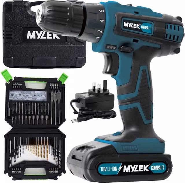MYLEK 4ORCE Cordless Drill with 128 Piece Accessory Kit in Blue and Black