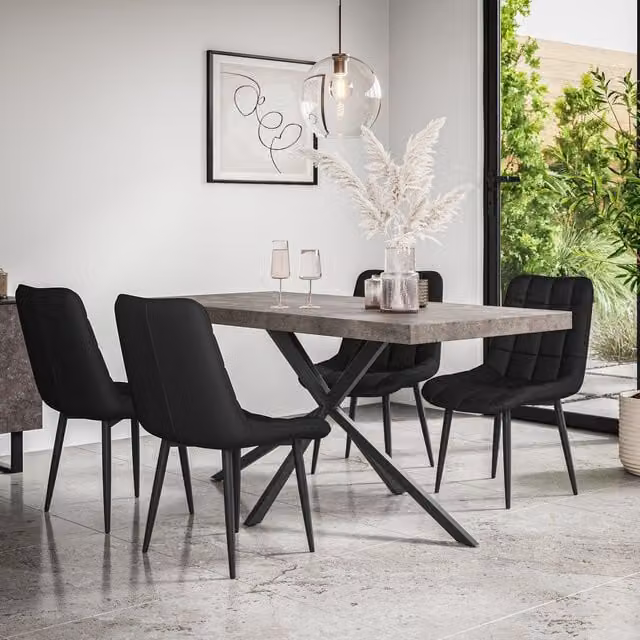 More4Homes Donni Dining Table and 6 Nova Faux Leather Chairs Set, Concrete Effect Grey Top with Black Legs, W/D/H: 160 x 80 x 76 cm – 1